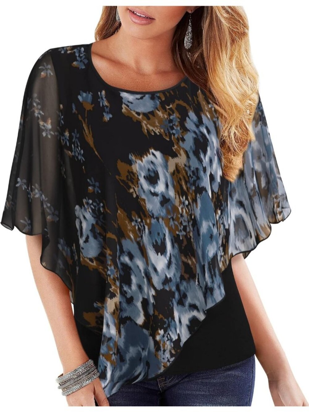 Women's Black Blue Floral Elegant Lightweight Flowy Shirt Double Layered Top